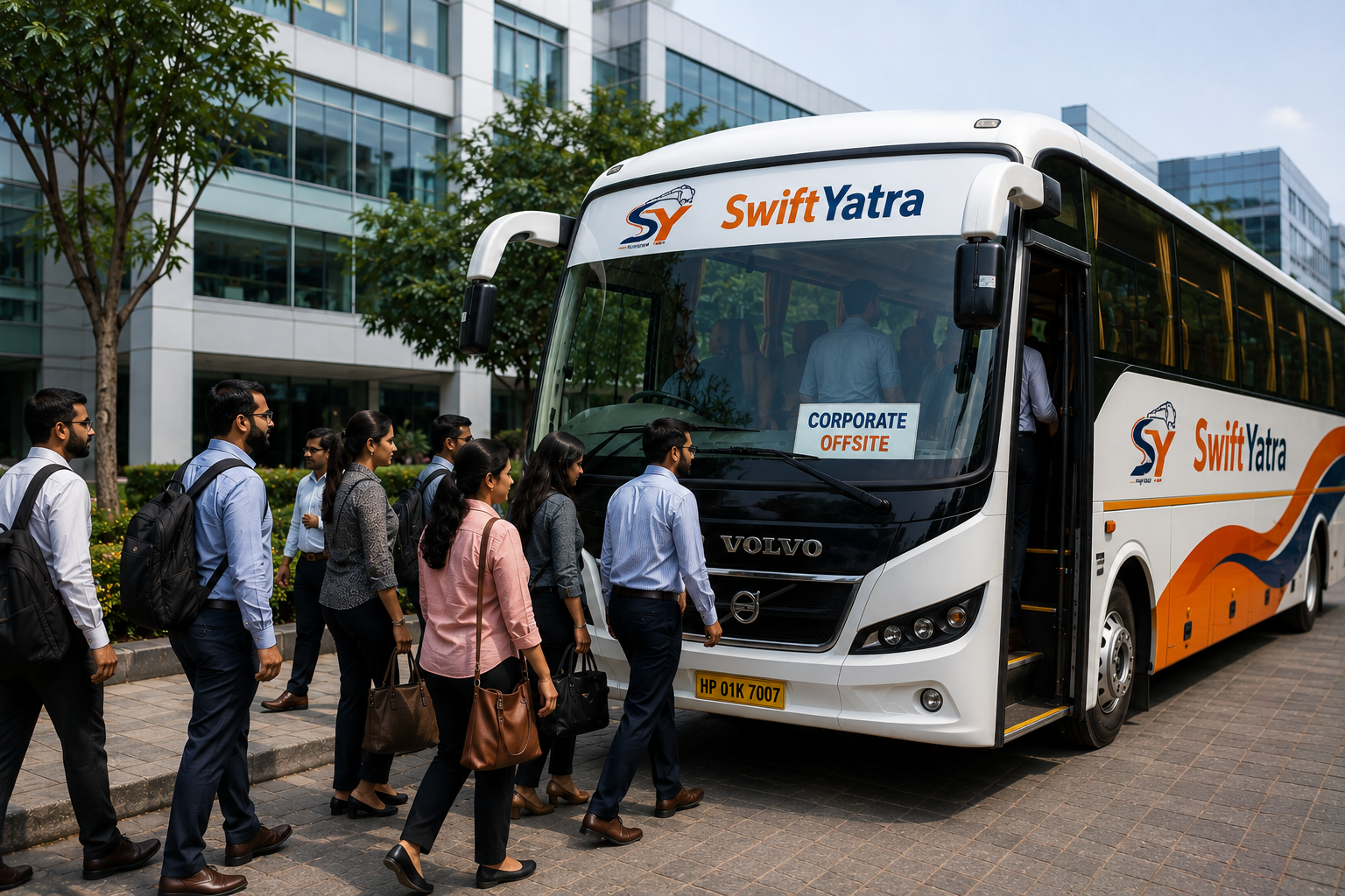 Corporate team boarding a charter bus for an offsite
