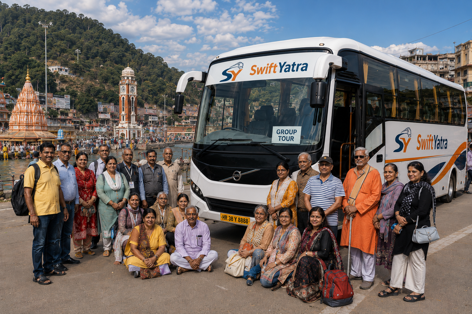 Large pilgrimage group departing on a charter coach