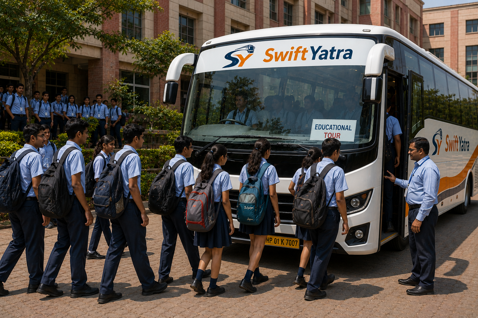Students boarding a school trip bus